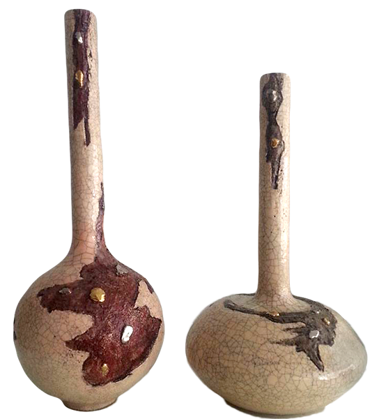 Ceramiche artistiche di Terredautore. Due vasi fatti a mano in argilla decorata.
